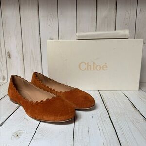 Chloe Lauren Stud Scalloped Suede Ballet Flats Ochre Delight Sz 38 / 8